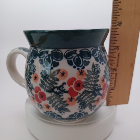Polish Pottery Floral Coffee Tea Cup Hand Made Poland Green Orange Bubble Mug - Picture 6 of 10